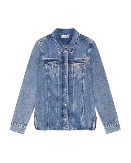 Ganni Blue Logo-Patch Denim Shirt