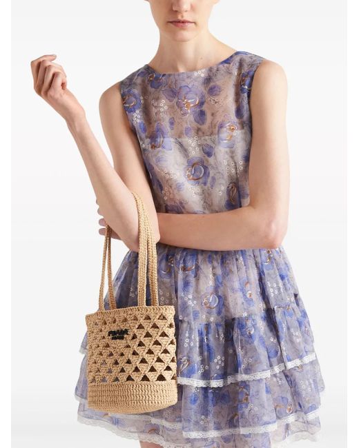 Prada Blue Chiffon-Minikleid Mit Blumen-Print