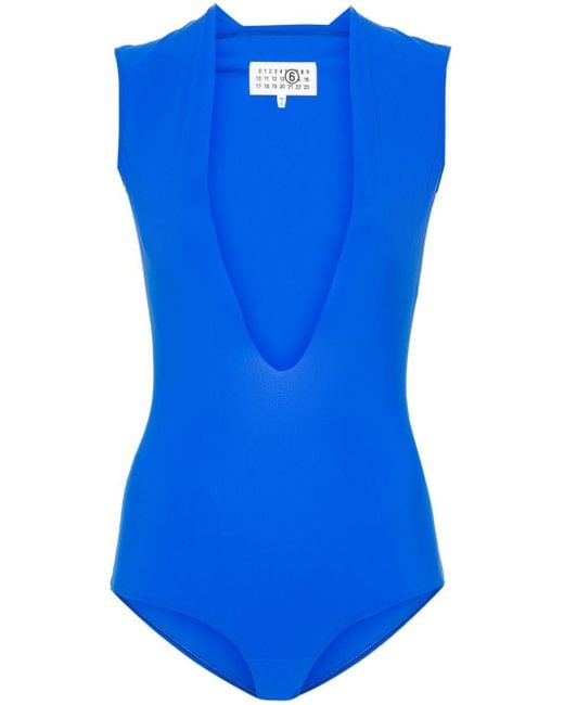 MM6 by Maison Martin Margiela Blue Plunging V-neck Bodysuit