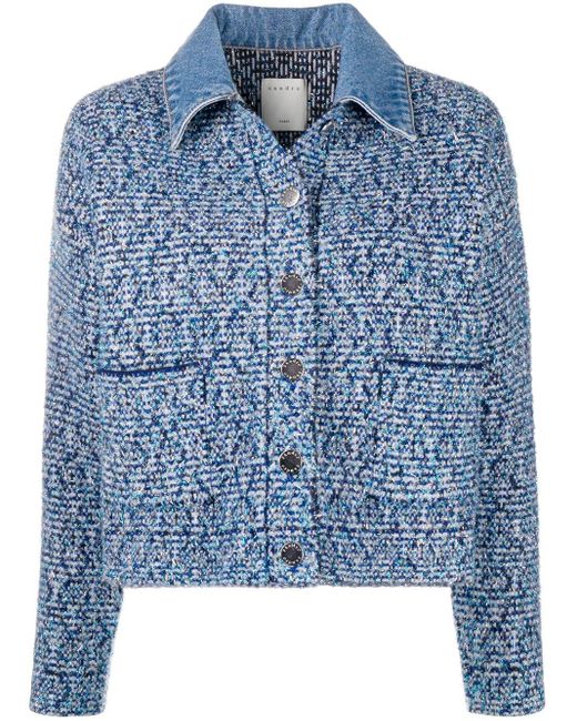 Sandro Blue Denim Collar Tweed Jacket