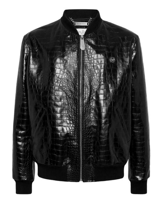 Philipp Plein Black Crocodile-Effect Leather Bomber Jacket for men