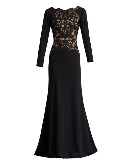 Tadashi Shoji Black Long-Sleeve Embroidered Gown