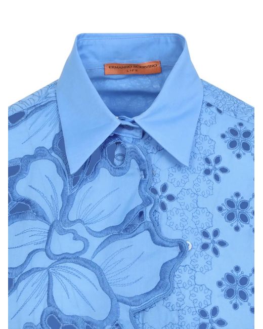 Ermanno Scervino Blue Chemise À Dentelle Fleurie Brodée