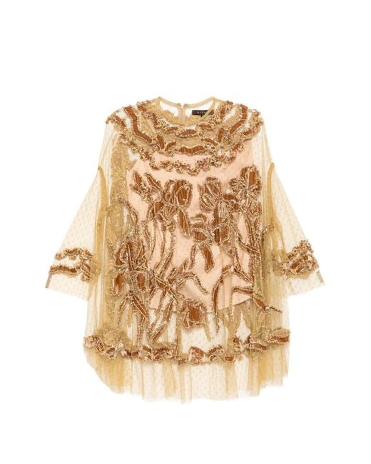 Biyan Natural Bead-Embellished Floral-Appliqué Top