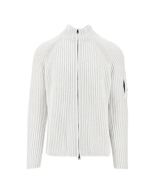 C P Company White Ribbed-Knit Lens-Detail Cardigan for men