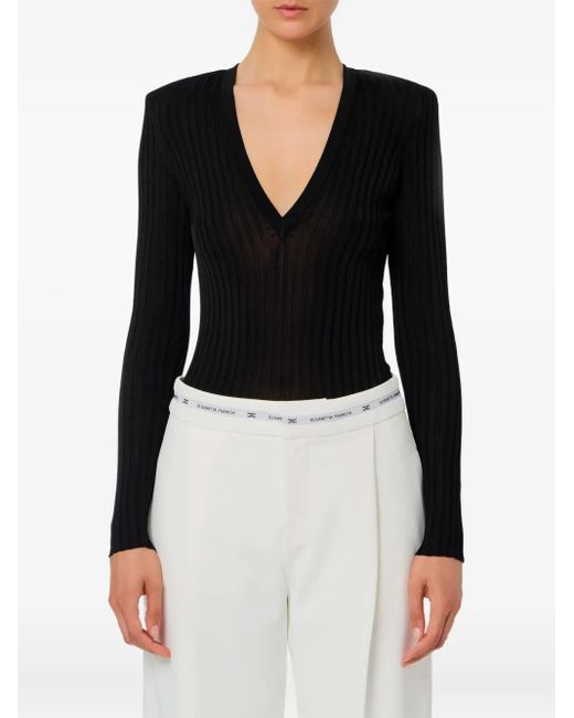 Elisabetta Franchi Black Ribbed V-Neck Sweater