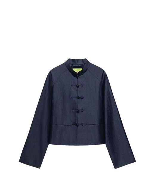 Shanghai Tang Blue Frog-Button Cropped Jacket
