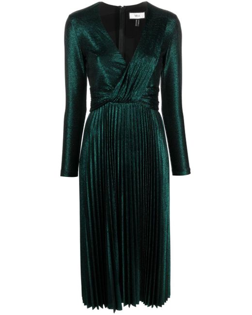 Nissa Green Pleated Lamé-effect Midi Dress