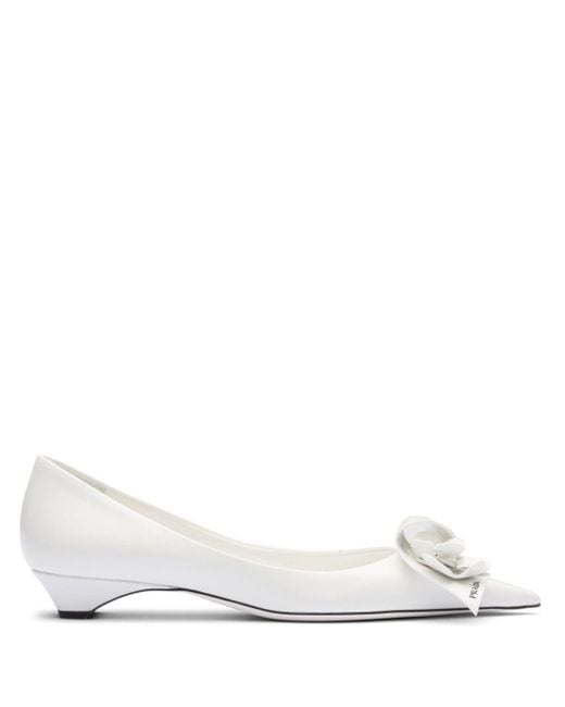 Prada White Brushed Leather Floral Pumps 25