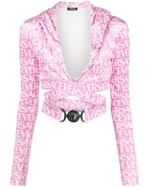 Versace Pink All-Over Velvet Cropped Hoodie