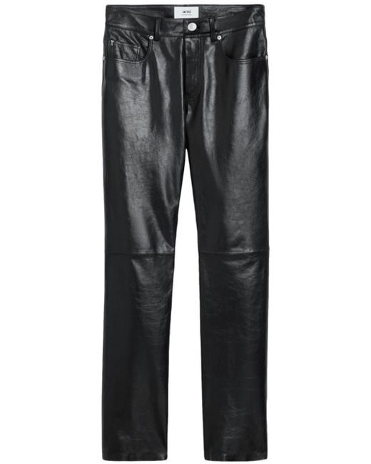 Pantalon en cuir à coupe droite AMI en coloris Gray