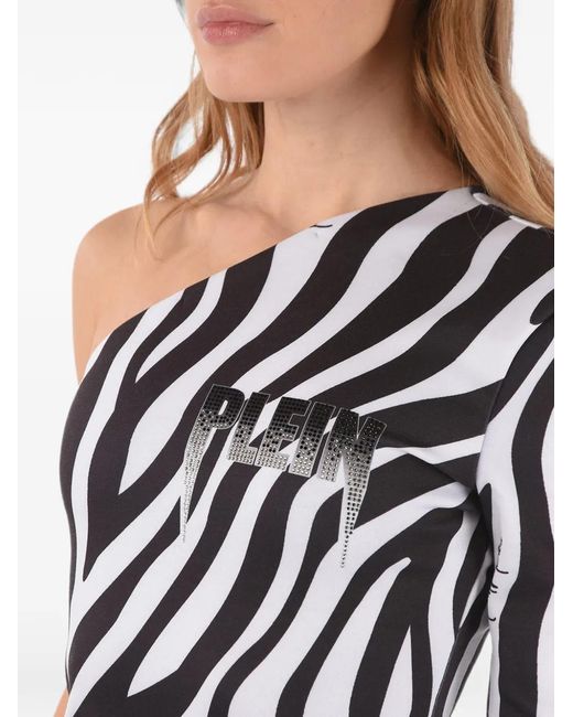 Philipp Plein White One-Shoulder Zebra-Print Minii Dress