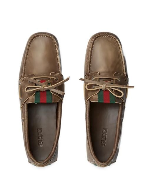 Gucci Brown Web-Stripe Boat Shoes for men