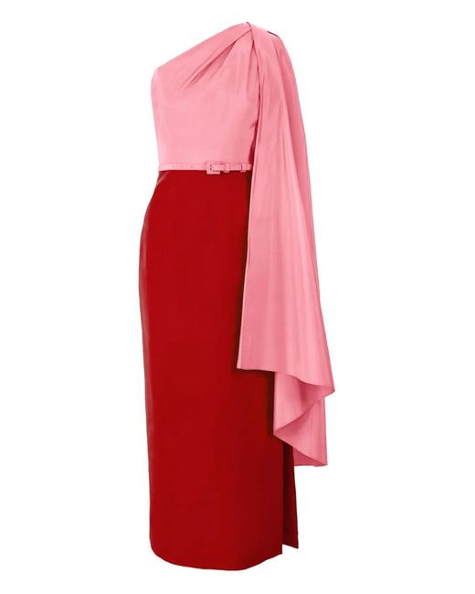 Carolina Herrera Red Colour-Block Midi Dress With Detachable Cape