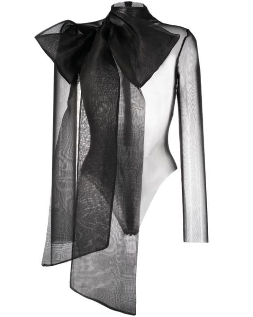 Atu Body Couture Black Semi-Sheer Bow-Detail Bodysuit
