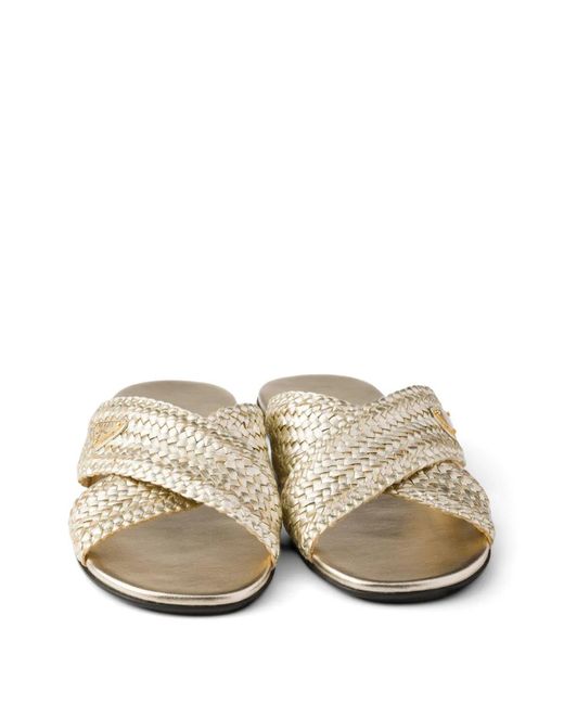 Prada White Leather Crisscross Slides