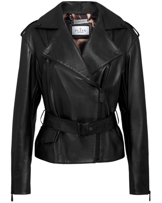 Philipp Plein Black Oversize-logo Belted Leather-jacket