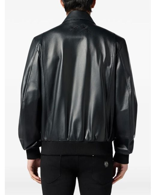 Philipp Plein Black Palms Leather Jacket for men