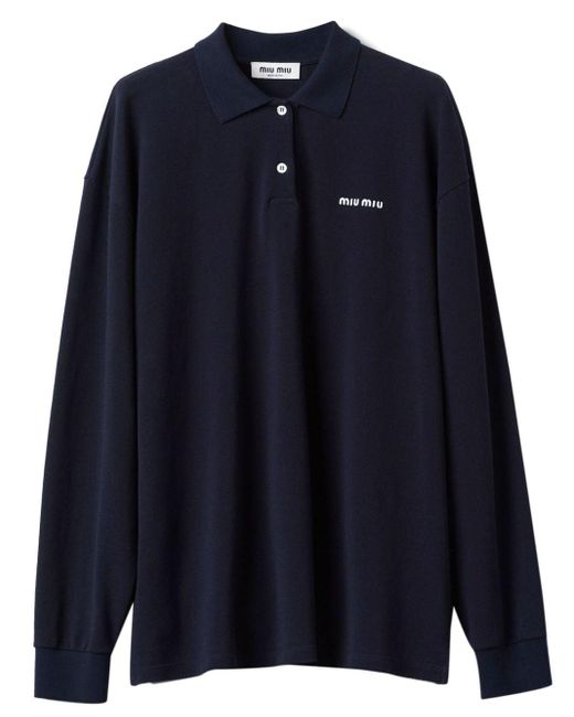 Miu Miu Logo-embroidered Piqué Polo Shirt in het Blue