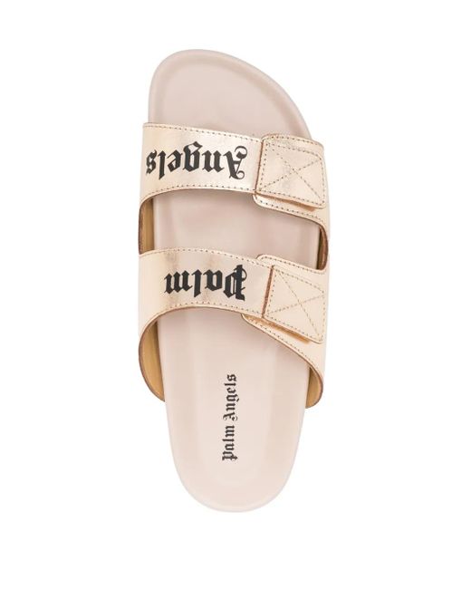 Palm Angels White Logo-Print Leather Slides