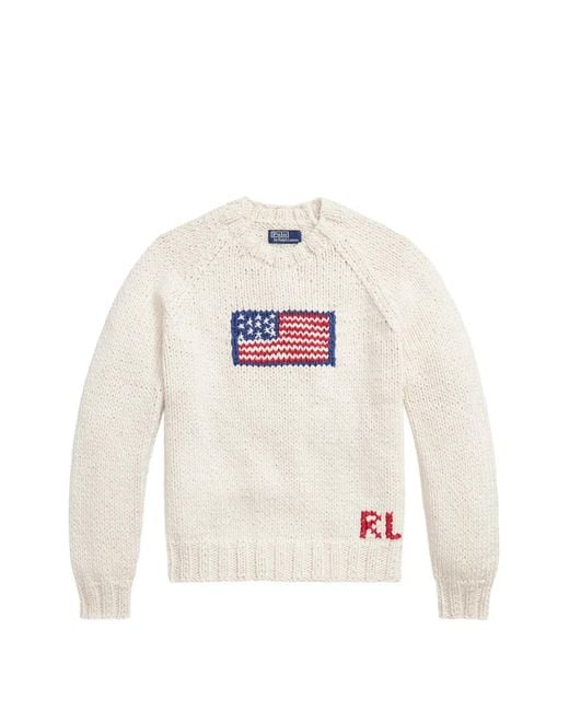 Polo Ralph Lauren White Flag-Intarsia Chunky-Knit Sweater for men
