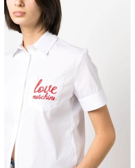 Love Moschino White Logo-Embroidered Short-Sleeve Shirt
