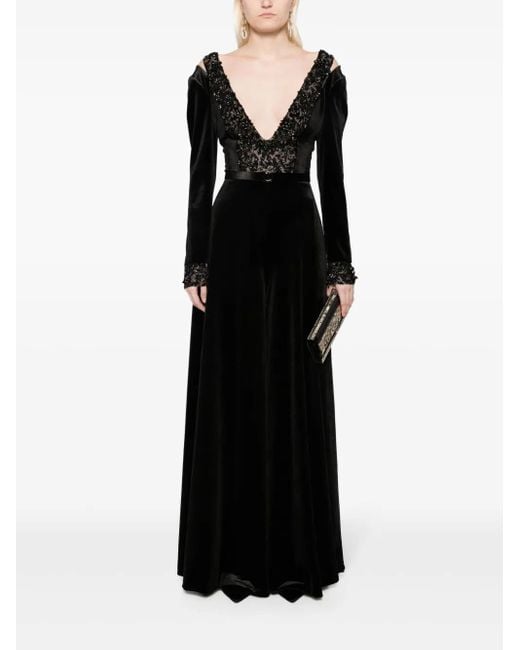 Saiid Kobeisy Black Beaded Velvet Wide-Leg Jumpsuit