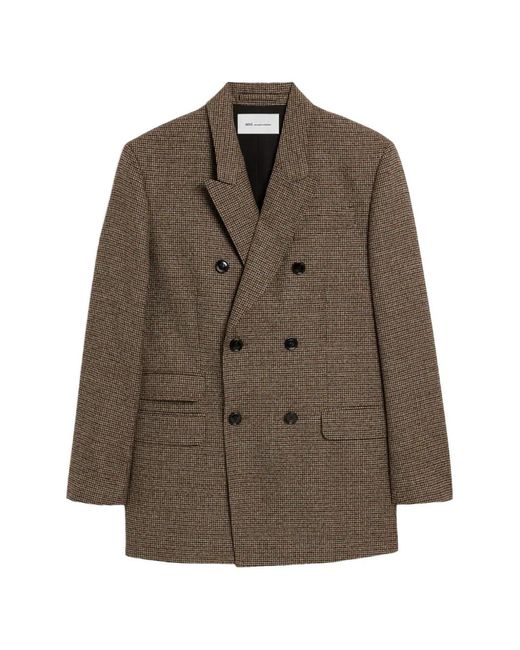 AMI Brown Double-Breasted Houndstooth Wool Blazer for men