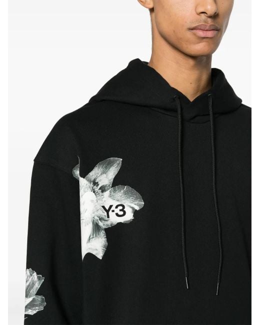 Y-3 Black Floral-Print Drawstring Hoodie