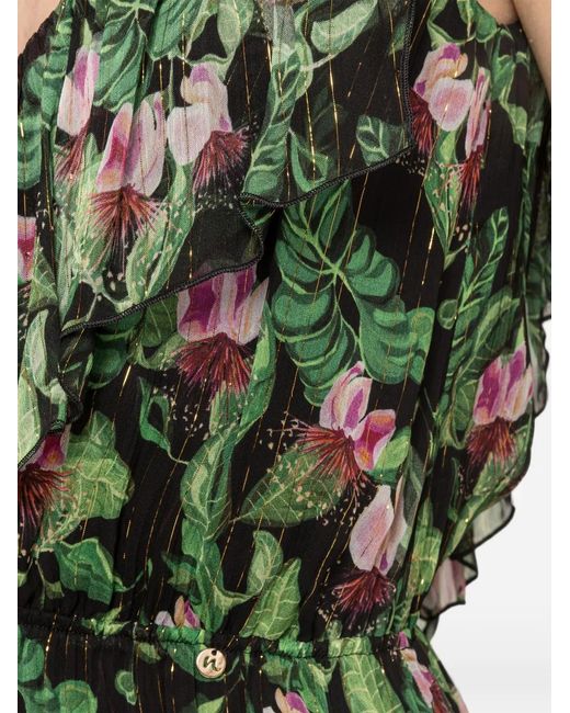 Nissa Green Printed Chiffon Asymmetric Mini Dress