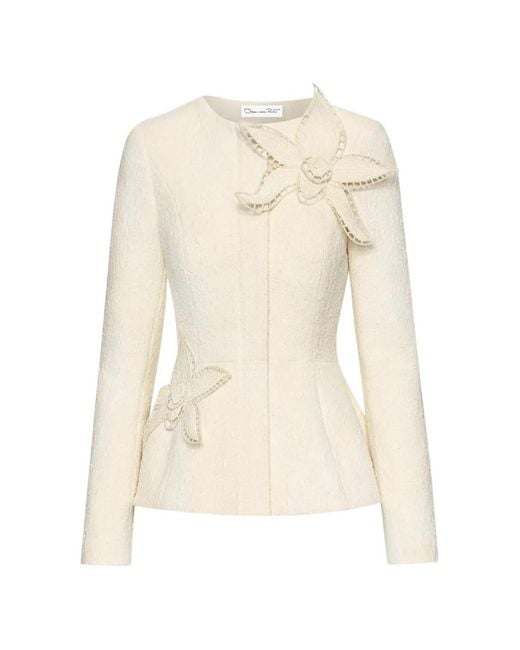 Oscar de la Renta White Orchid-Embroidered Tweed Jacket