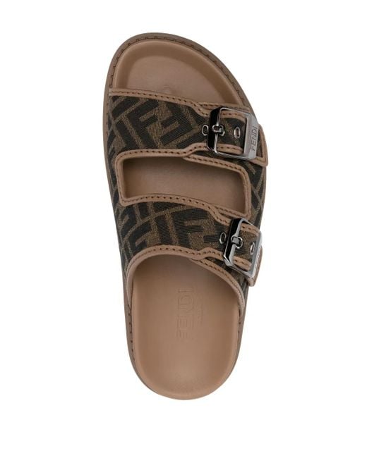 Fendi Flache Feel Sandalen Aus Leder Und Stoff Mit Ff-Monogramm Und Doppelriemen in Brown für Herren