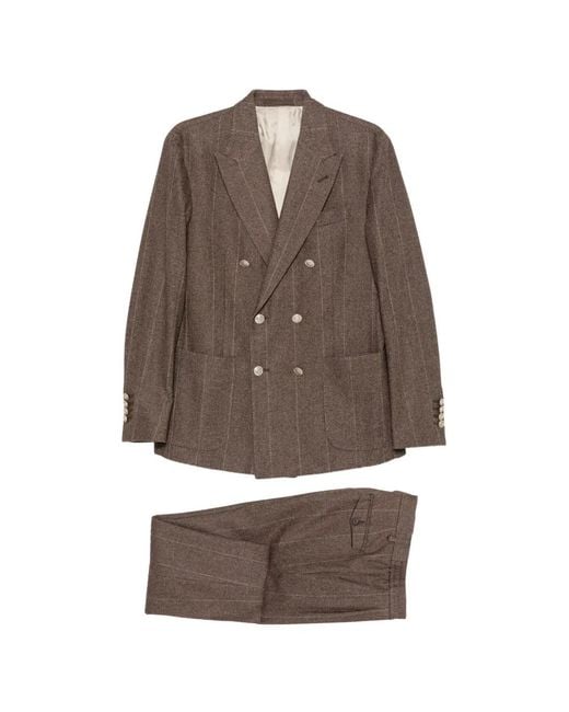 Eleventy Brown Double-Breasted Pinstripe-Pattern Suit for men