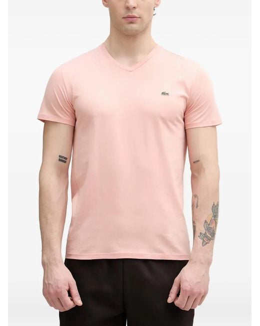 Lacoste Pink Logo-Patch V-Neck T-Shirt for men