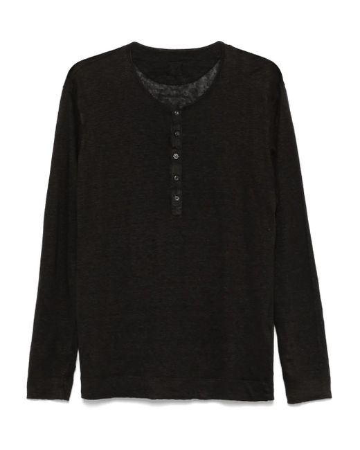 メンズ 120% Lino ヘンリーネック リネン Tシャツ Black