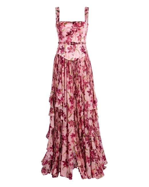 Cinq À Sept Red Trailing Hibiscus Leema Floral Ruffled Maxi Dress