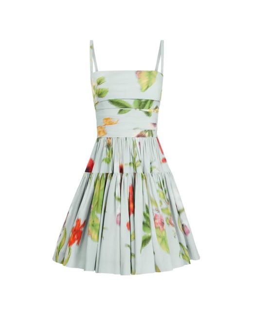 Oscar de la Renta Green Chiné Dominican Mixed-Floral Cotton Poplin Tiered Dress