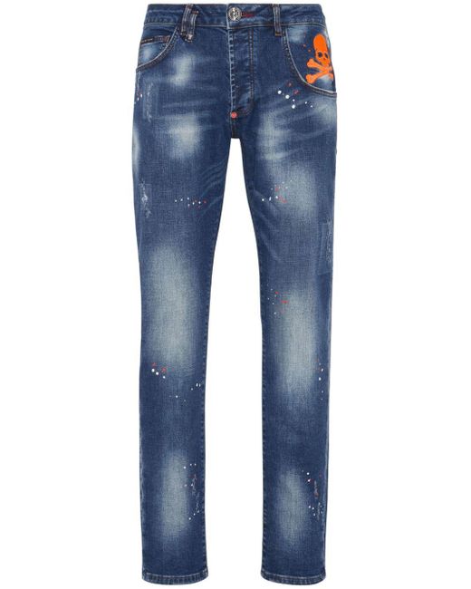 Philipp Plein Straight Jeans Met Verfspatten in het Blue voor heren