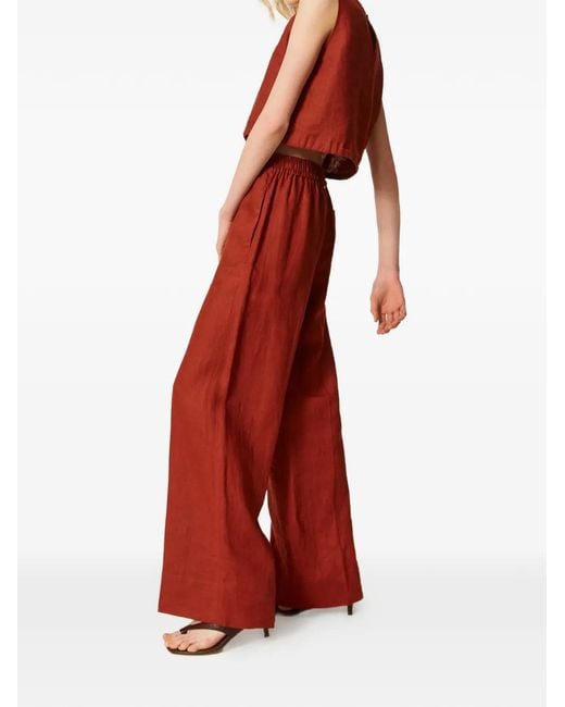 Twinset Linen Trousers With Embroidered Logo