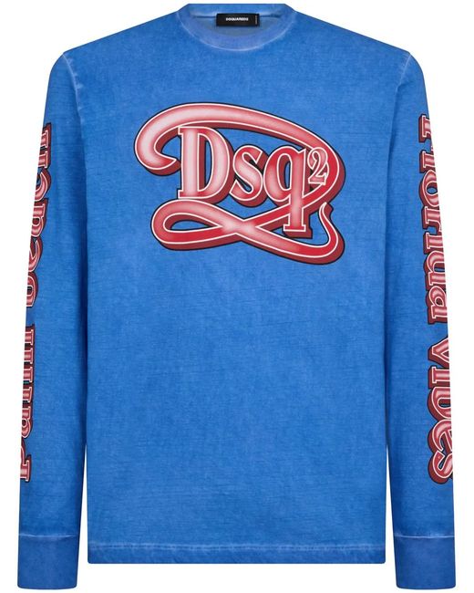 DSquared² Blue Logo-Print Stonewashed Cotton T-Shirt for men