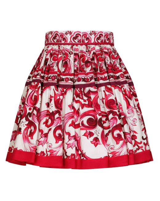 Falda corta de popelina con estampado Maiolica Dolce & Gabbana de color Red