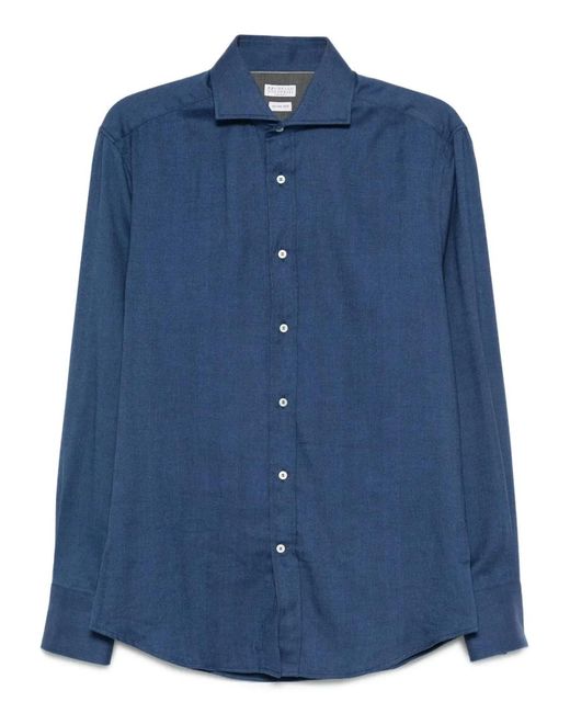 Brunello Cucinelli Blue Flannel Chevron Shirt for men