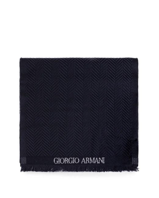 Giorgio Armani Blue Herringbone-Pattern Wool Scarf for men