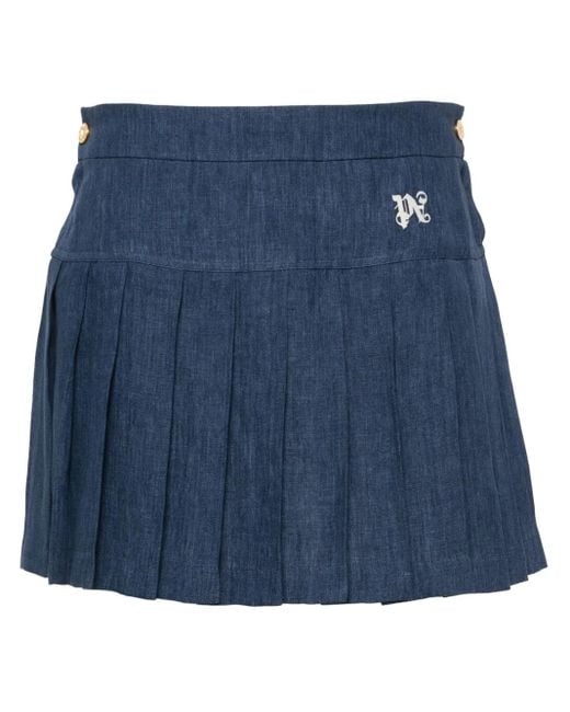 Palm Angels Blue Logo-Embroidered Pleated Skirt