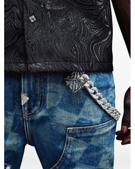 GUAPI Blue Checkerboard-Print Panelled Jeans for men