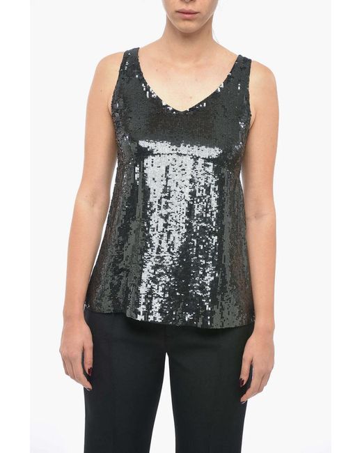 P.A.R.O.S.H. Blue Sequin-Embellished Sleeveless Tank Top