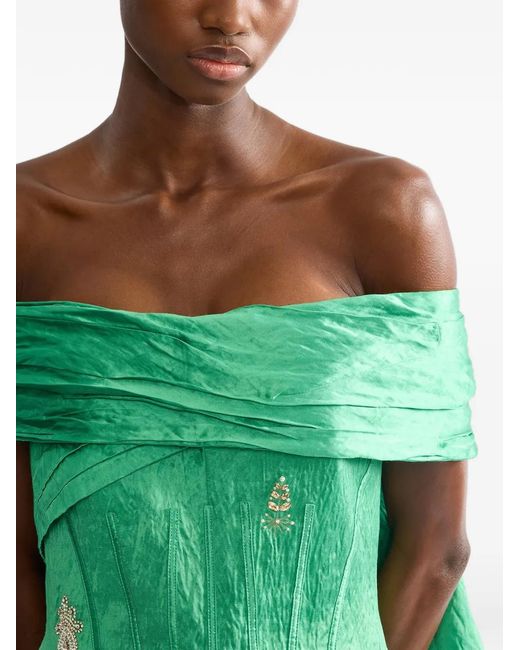 Erdem Green Embellished Off-The-Shoulder Mini Dress