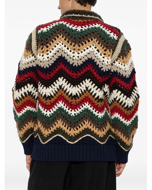 Sacai Black Crochet-Knit Chevron-Pattern Cardigan for men