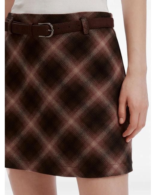 B+ AB Brown Check-Pattern Belted Mini Skirt