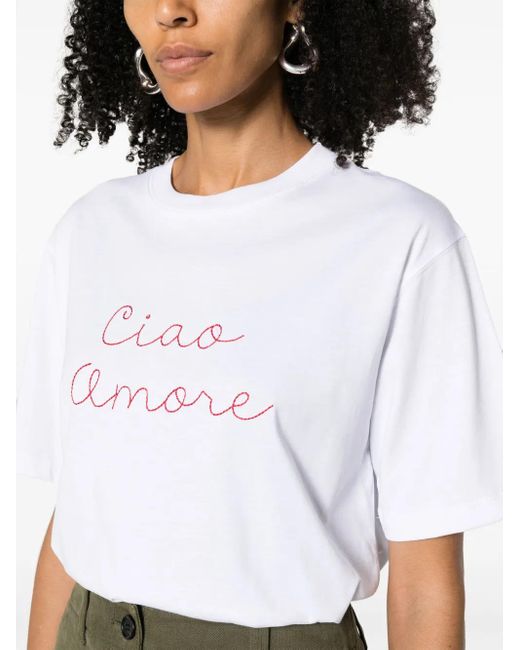 Giada Benincasa White Embroidered-Slogan Cotton T-Shirt